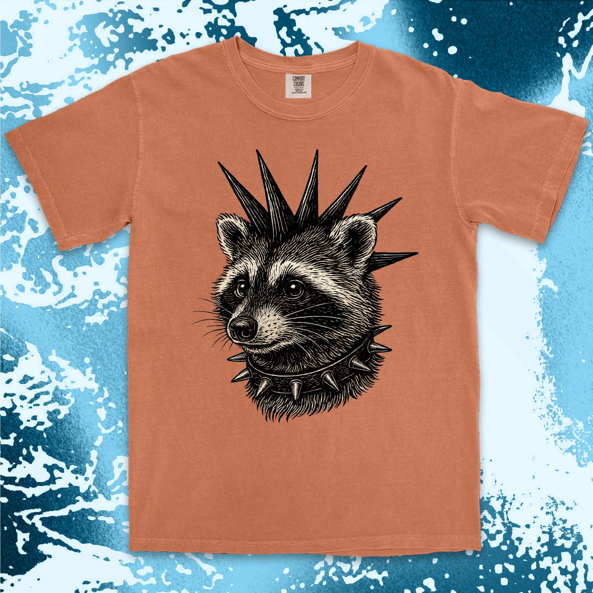 punk raccoon graphic t-shirt with spikes and attitude