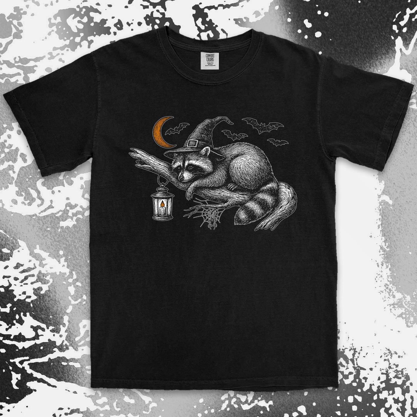 witch raccoon halloween shirt spooky lantern bats spider web tee