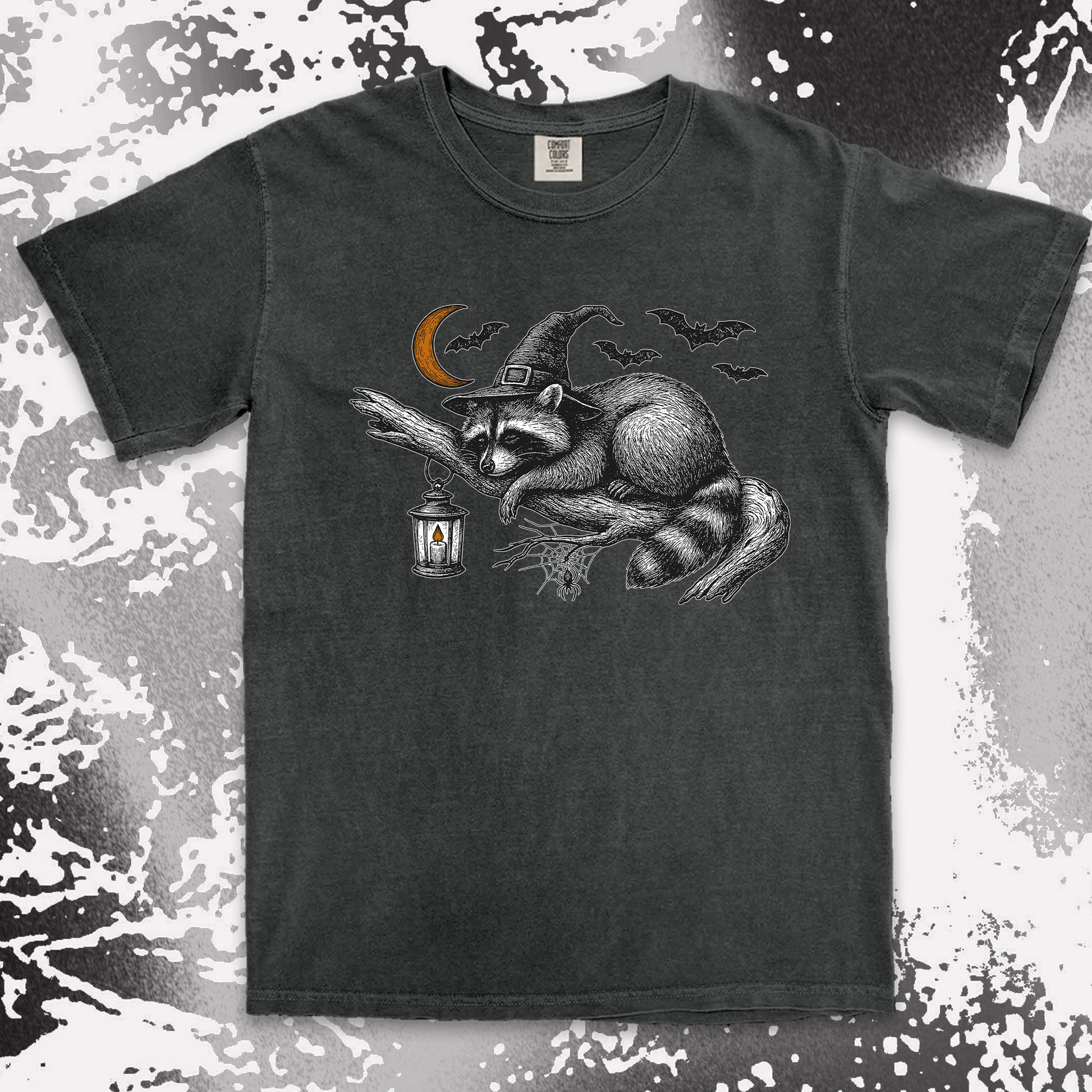 witch raccoon halloween shirt spooky lantern bats spider web tee