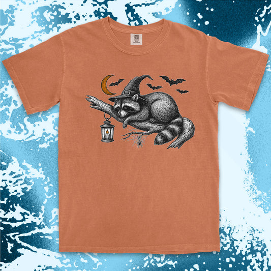 witch raccoon halloween shirt spooky lantern bats spider web tee
