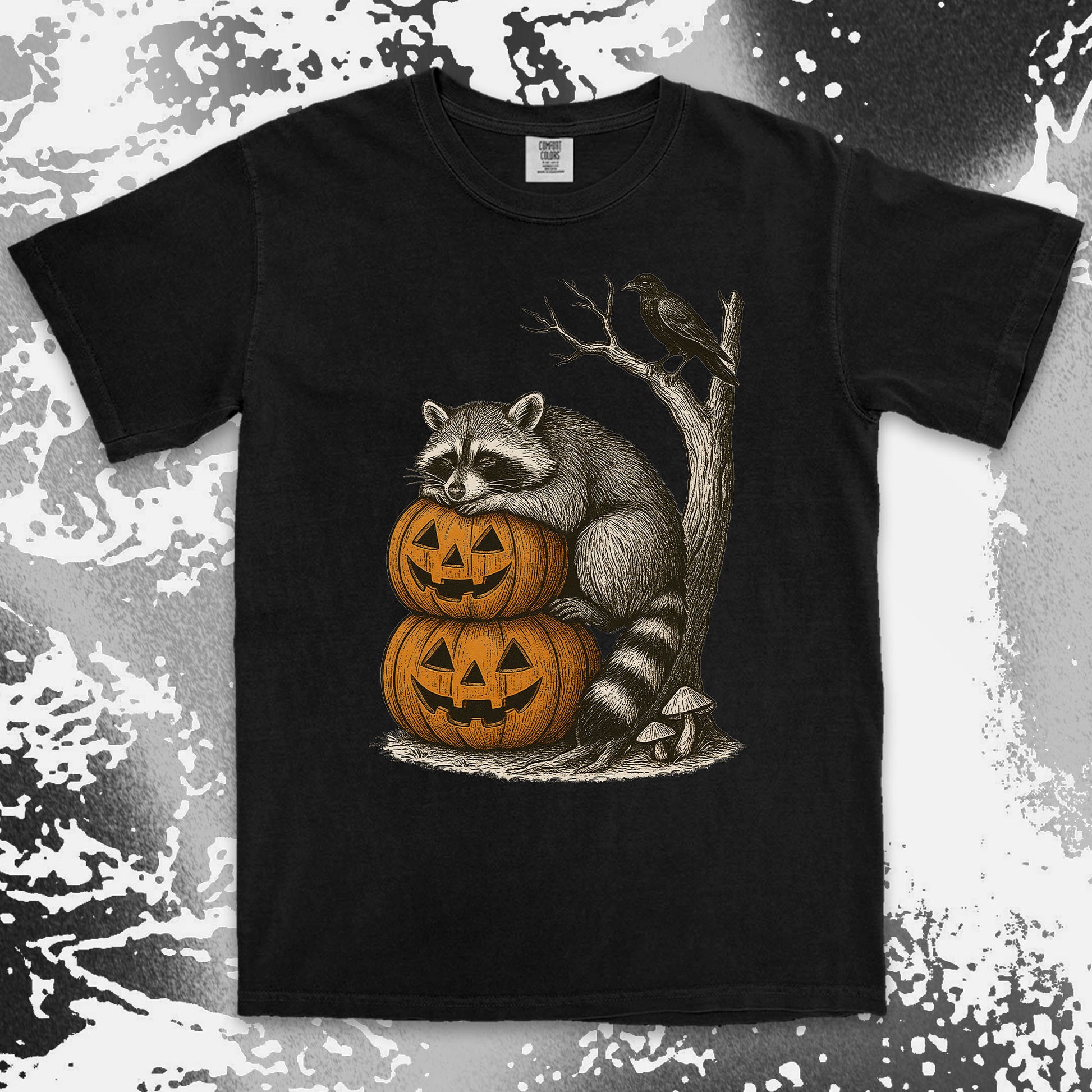pumpkin stack raccoon halloween shirt spooky crow fall vibes tee