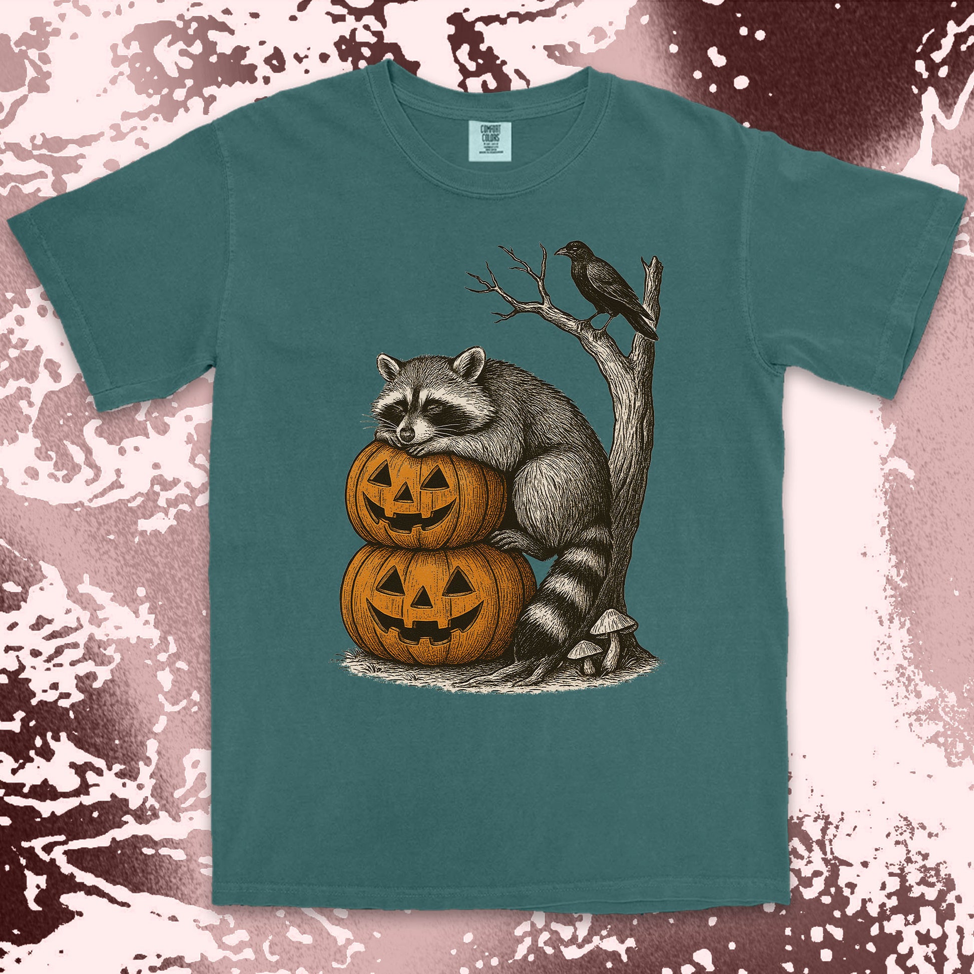pumpkin stack raccoon halloween shirt spooky crow fall vibes tee