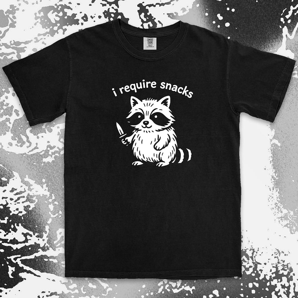 funny raccoon i require snacks with knife illustration comfort colors t-shirt