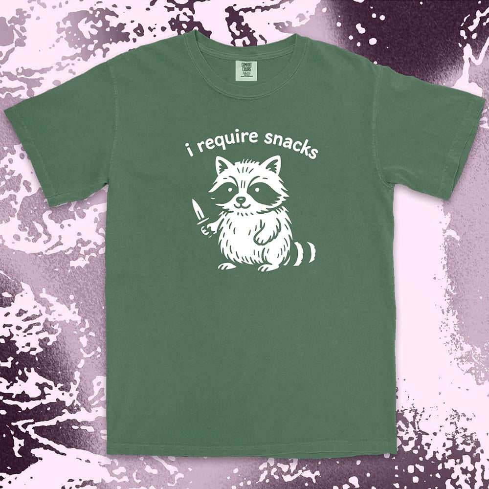 funny raccoon i require snacks with knife illustration comfort colors t-shirt