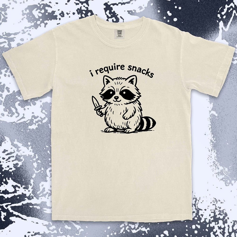 funny raccoon i require snacks with knife illustration comfort colors t-shirt