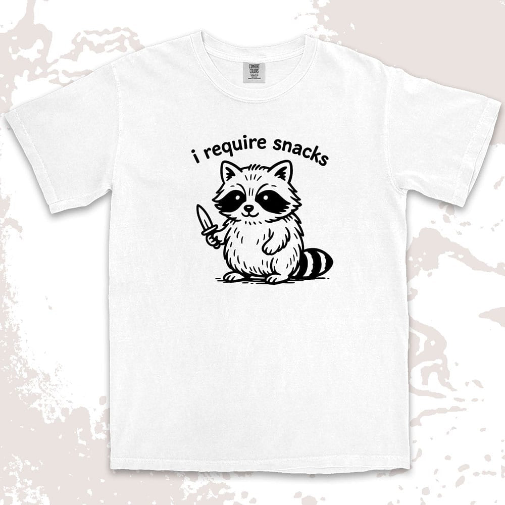 funny raccoon i require snacks with knife illustration comfort colors t-shirt