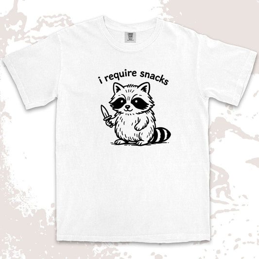 funny raccoon i require snacks with knife illustration comfort colors t-shirt
