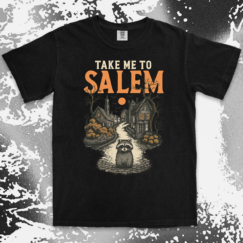 Raccoon in haunted Salem street Halloween gothic spooky shirt