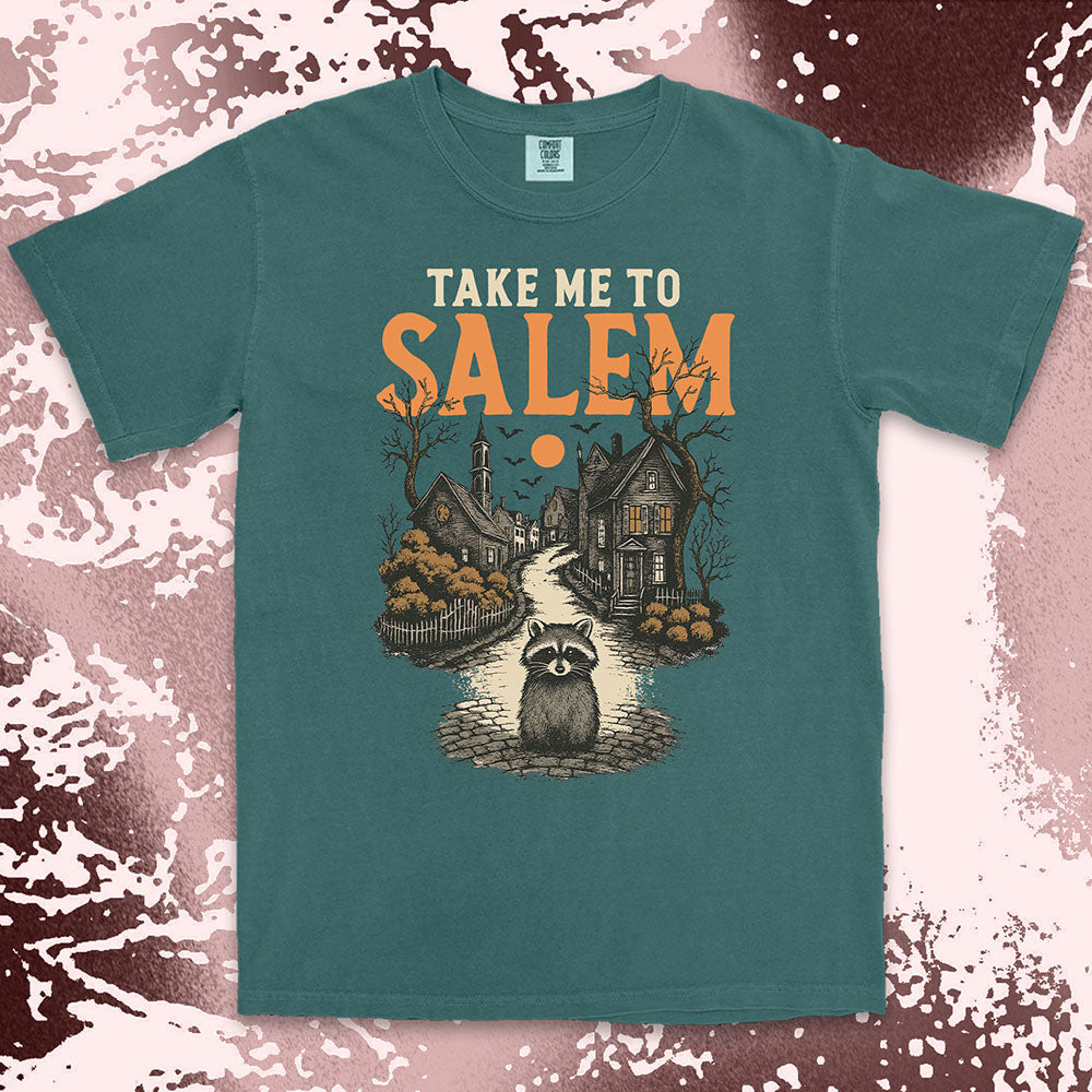 Raccoon in haunted Salem street Halloween gothic spooky shirt