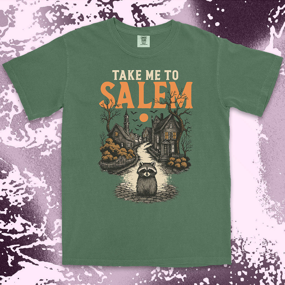 Raccoon in haunted Salem street Halloween gothic spooky shirt