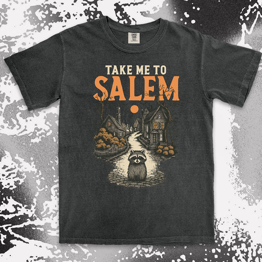 Raccoon in haunted Salem street Halloween gothic spooky shirt