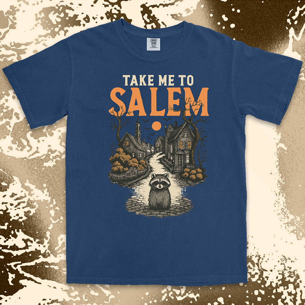 Raccoon in haunted Salem street Halloween gothic spooky shirt
