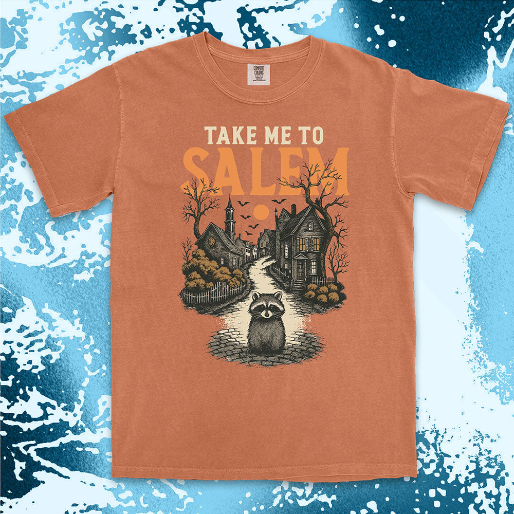 Raccoon in haunted Salem street Halloween gothic spooky shirt