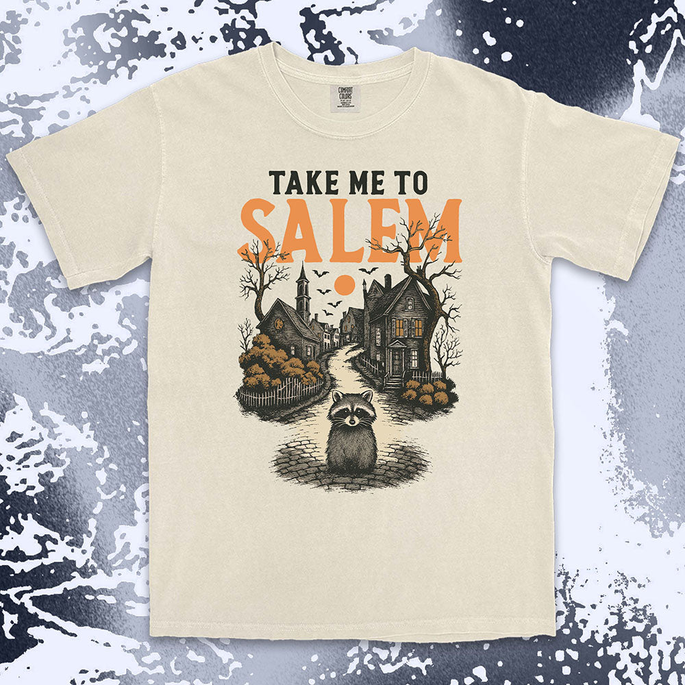 Raccoon in haunted Salem street Halloween gothic spooky shirt