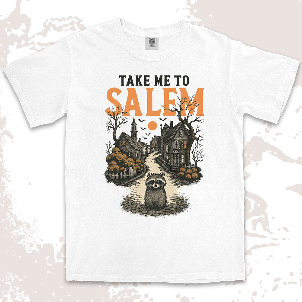 Raccoon in haunted Salem street Halloween gothic spooky shirt