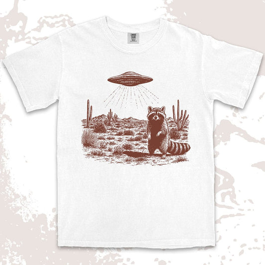 UFO desert raccoon shirt alien abduction trash panda tee