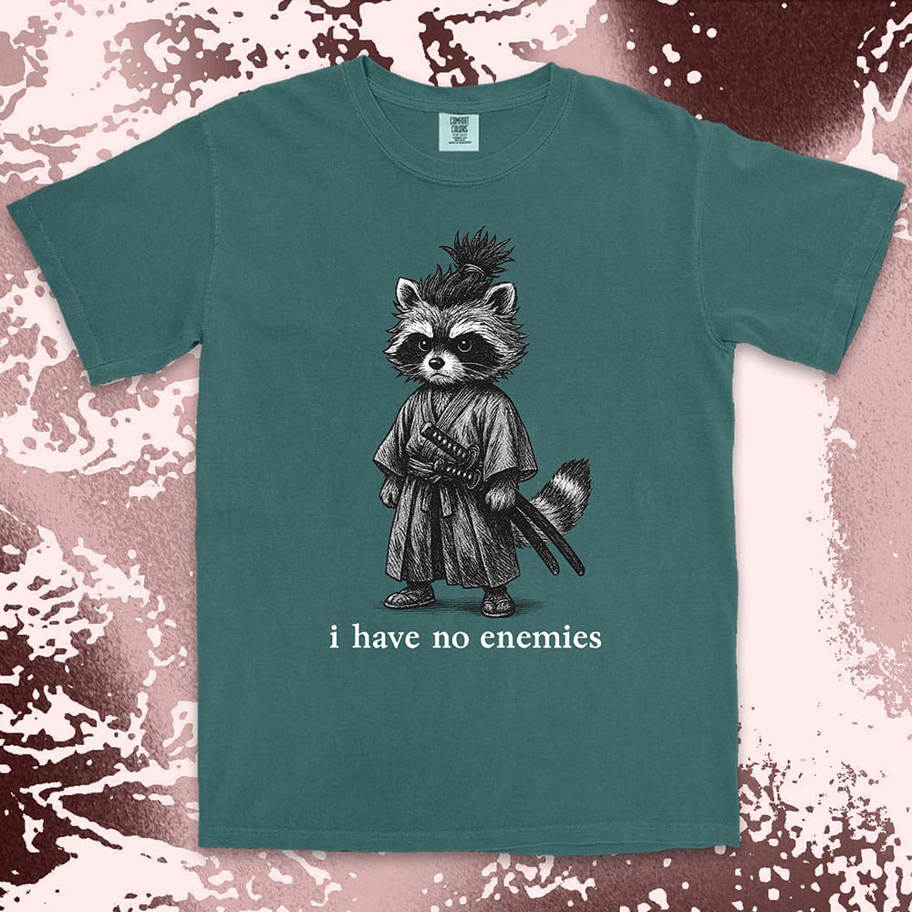 Raccoon samurai warrior with twin swords and quote I have no enemies Japanese anime shirt