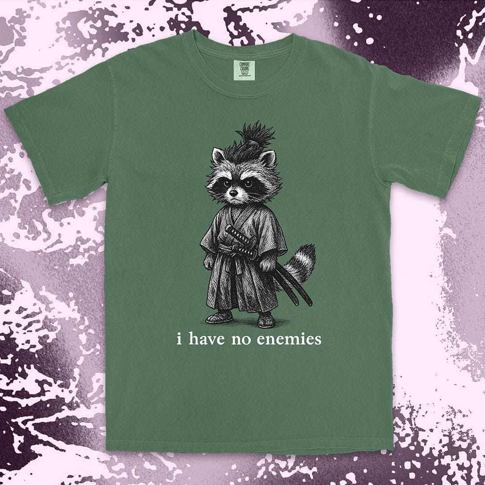 Raccoon samurai warrior with twin swords and quote I have no enemies Japanese anime shirt