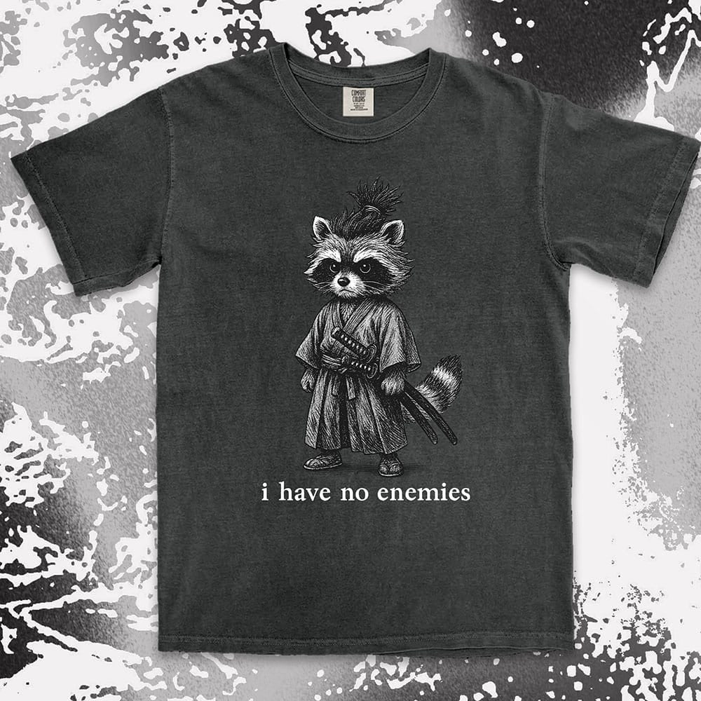 Raccoon samurai warrior with twin swords and quote I have no enemies Japanese anime shirt