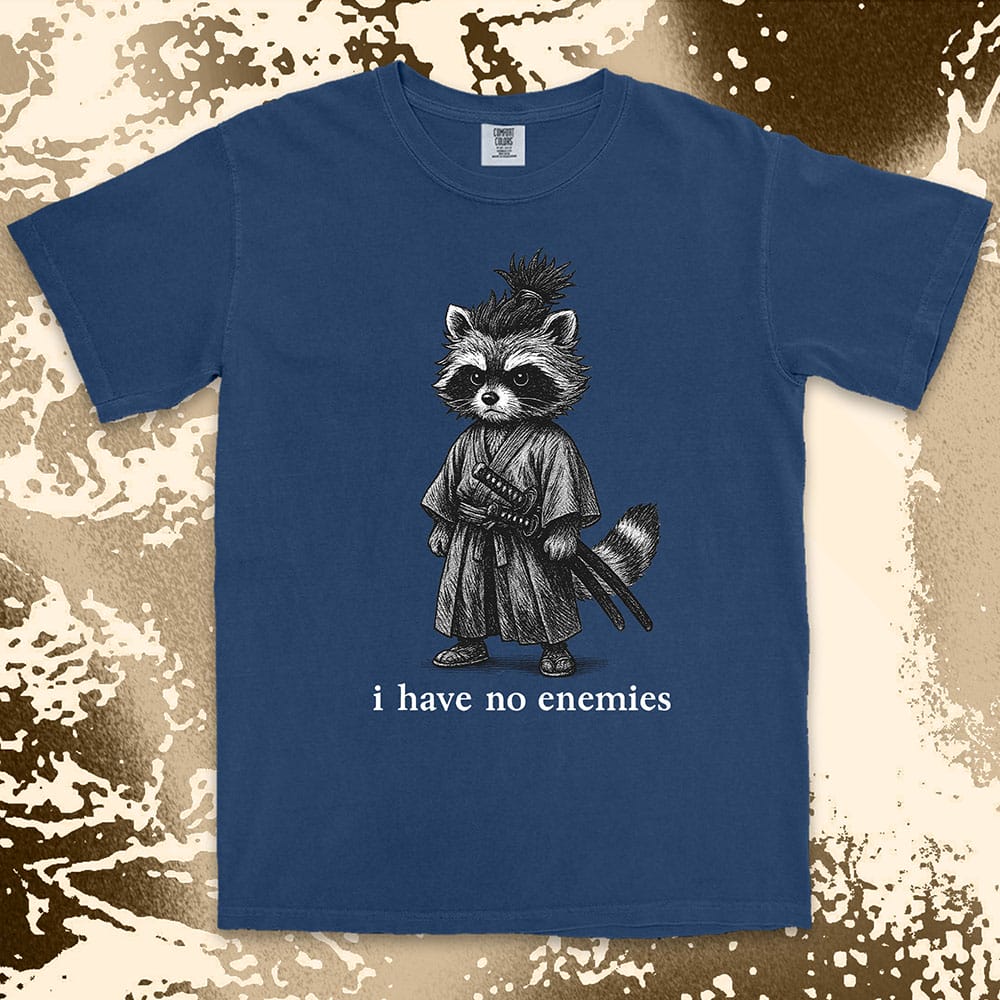 Raccoon samurai warrior with twin swords and quote I have no enemies Japanese anime shirt