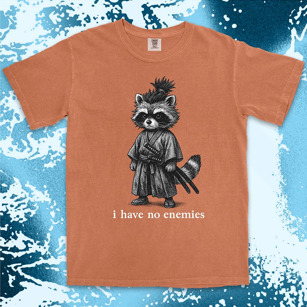Raccoon samurai warrior with twin swords and quote I have no enemies Japanese anime shirt
