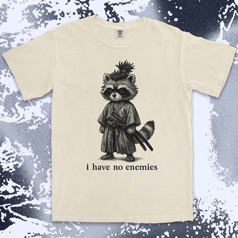 Raccoon samurai warrior with twin swords and quote I have no enemies Japanese anime shirt