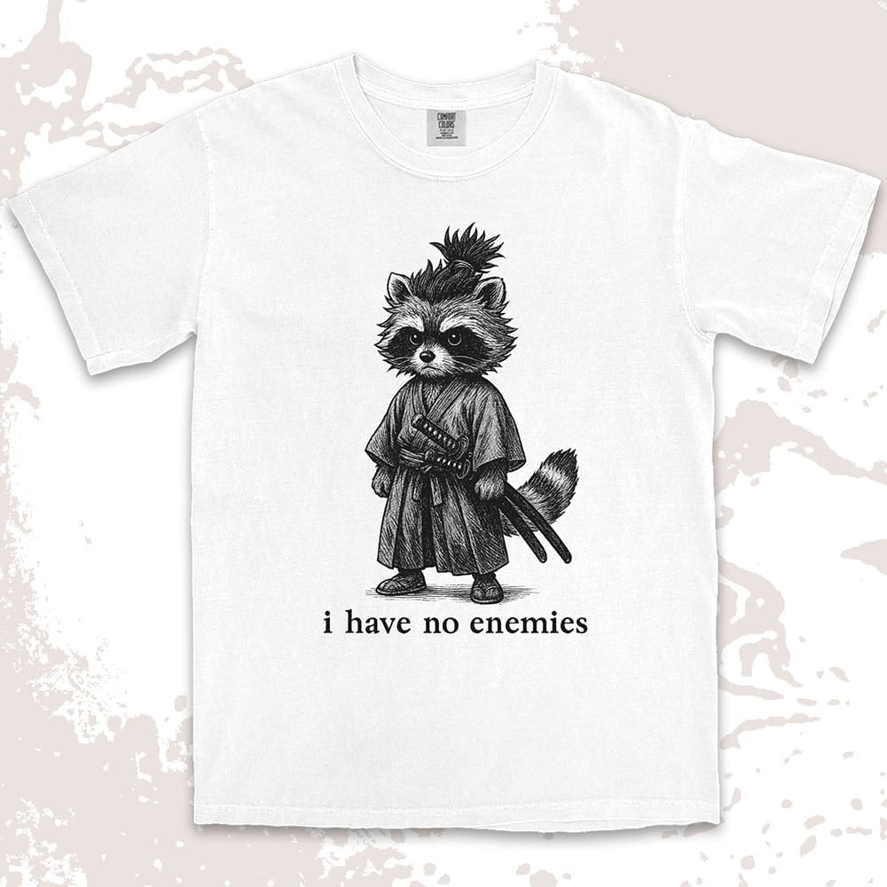 Raccoon samurai warrior with twin swords and quote I have no enemies Japanese anime shirt