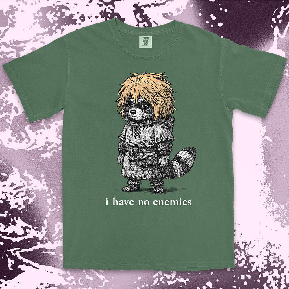 Raccoon warrior with golden hair and quote I have no enemies anime fantasy shirt