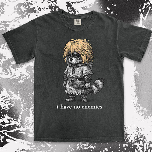 Raccoon warrior with golden hair and quote I have no enemies anime fantasy shirt