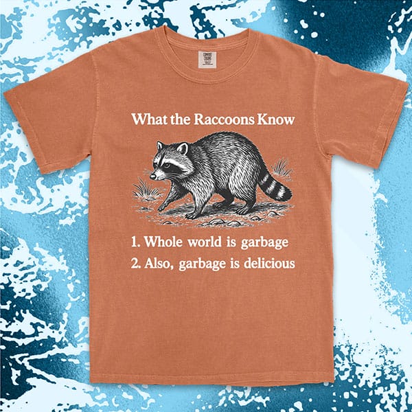 funny raccoon comfort colors t-shirt with quote what the raccoons know whole world is garbage also garbage is delicious meme tee
