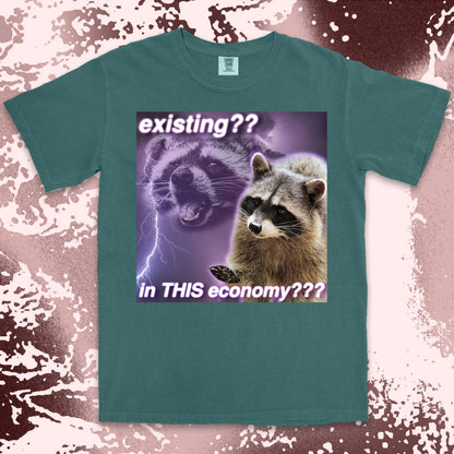 existing in this economy raccoon meme funny existential crisis shirt
