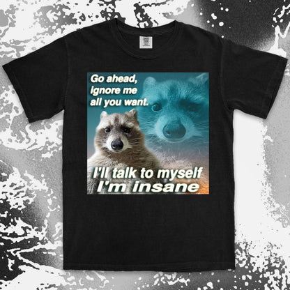 funny raccoon meme shirt go ahead ignore me talk to myself insane humor