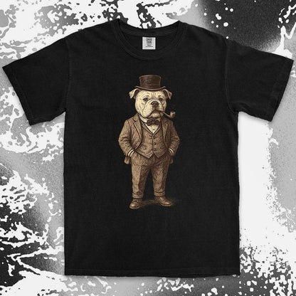 Bulldog gentleman in vintage suit with top hat and smoking pipe classy dog shirt
