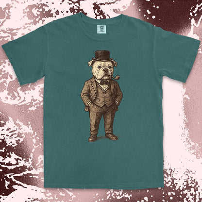 Bulldog gentleman in vintage suit with top hat and smoking pipe classy dog shirt
