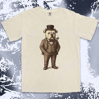Bulldog gentleman in vintage suit with top hat and smoking pipe classy dog shirt