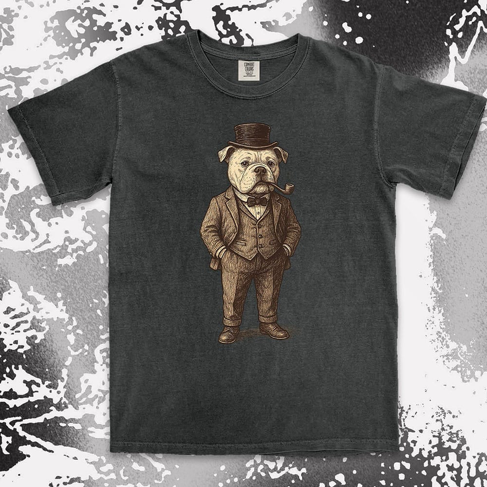 Bulldog gentleman in vintage suit with top hat and smoking pipe classy dog shirt