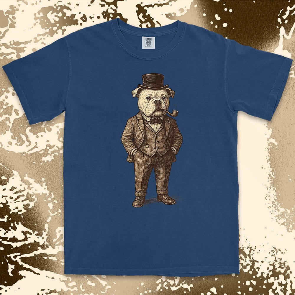 Bulldog gentleman in vintage suit with top hat and smoking pipe classy dog shirt