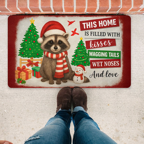 Christmas-themed doormat with a raccoon wearing a Santa hat and scarf, surrounded by Christmas elements.