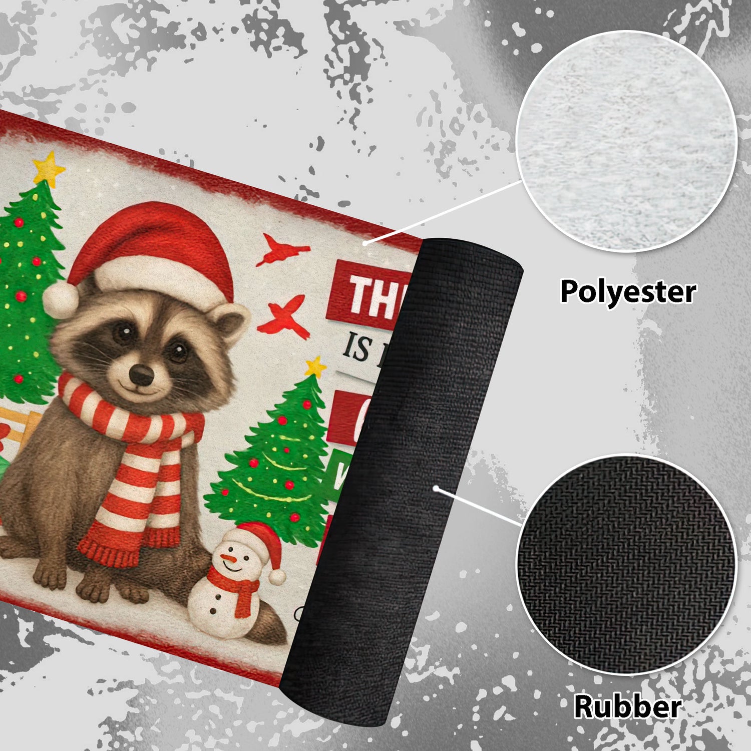 Christmas raccoon doormat with Santa hat, Christmas trees, and quote “This home is filled with kisses, wagging tails, wet noses, and love.”