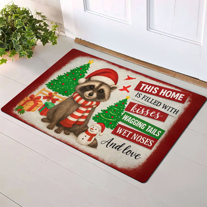 Christmas raccoon doormat with Santa hat, Christmas trees, and quote “This home is filled with kisses, wagging tails, wet noses, and love.”