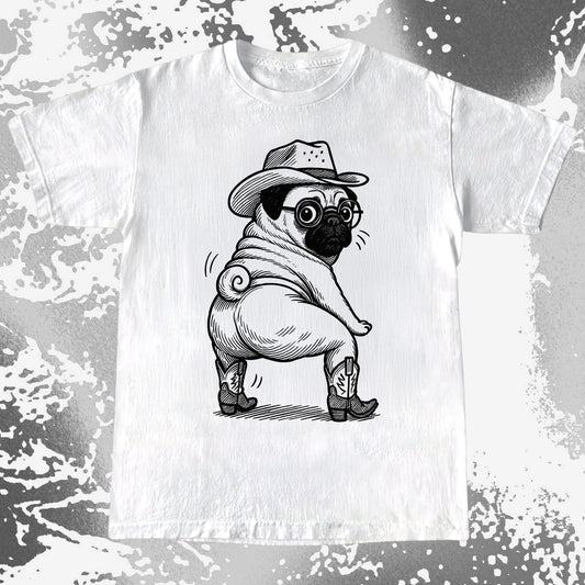 Funny pug dog wearing a cowboy hat, glasses, and boots in a playful pose illustration