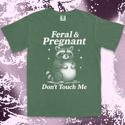 Funny raccoon shirt with “Feral & Pregnant Don’t Touch Me” quote, bold humor maternity design