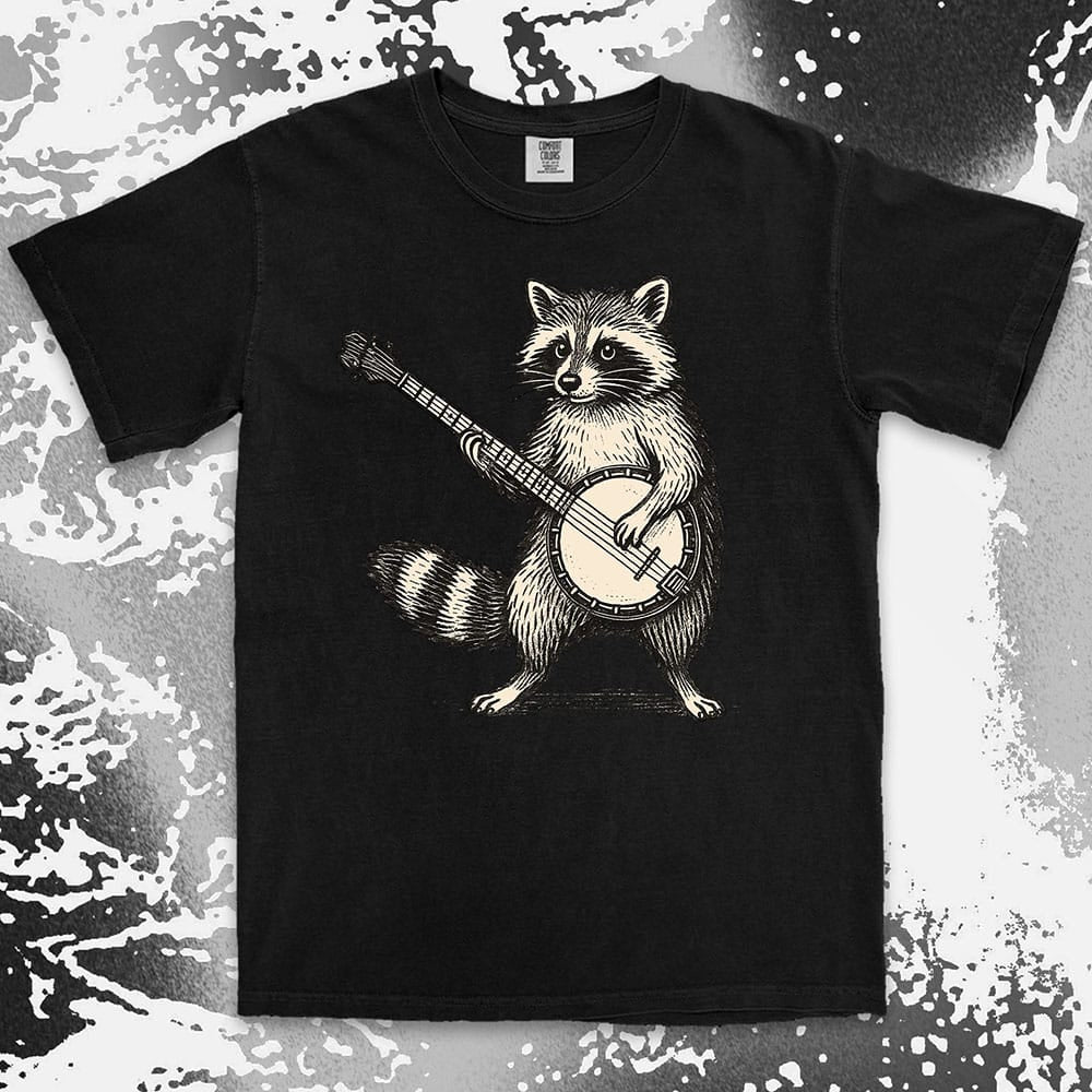 banjo raccoon comfort colors t-shirt playing folk music