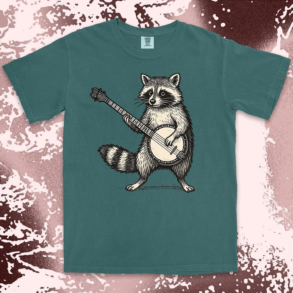 banjo raccoon comfort colors t-shirt playing folk music