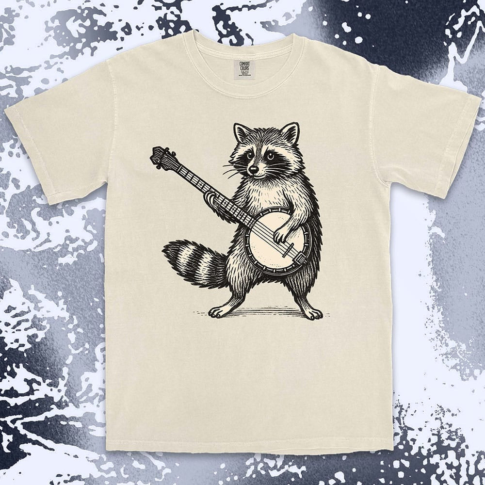 banjo raccoon comfort colors t-shirt playing folk music