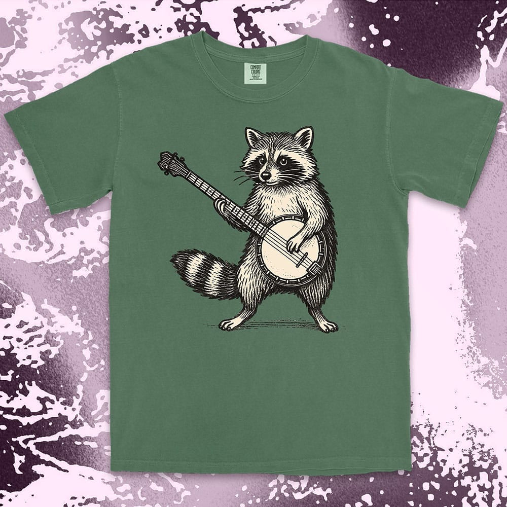 banjo raccoon comfort colors t-shirt playing folk music
