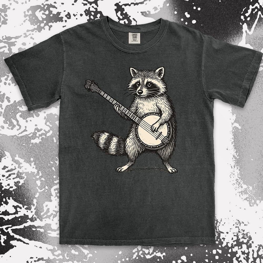 banjo raccoon comfort colors t-shirt playing folk music