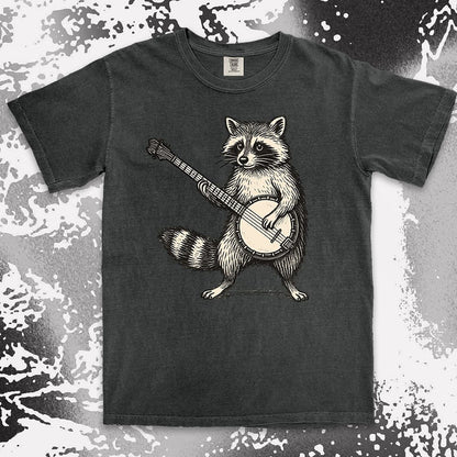 banjo raccoon comfort colors t-shirt playing folk music