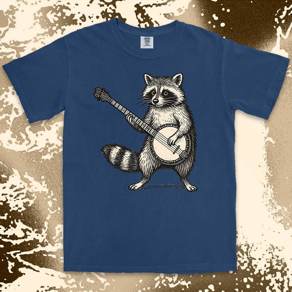 banjo raccoon comfort colors t-shirt playing folk music