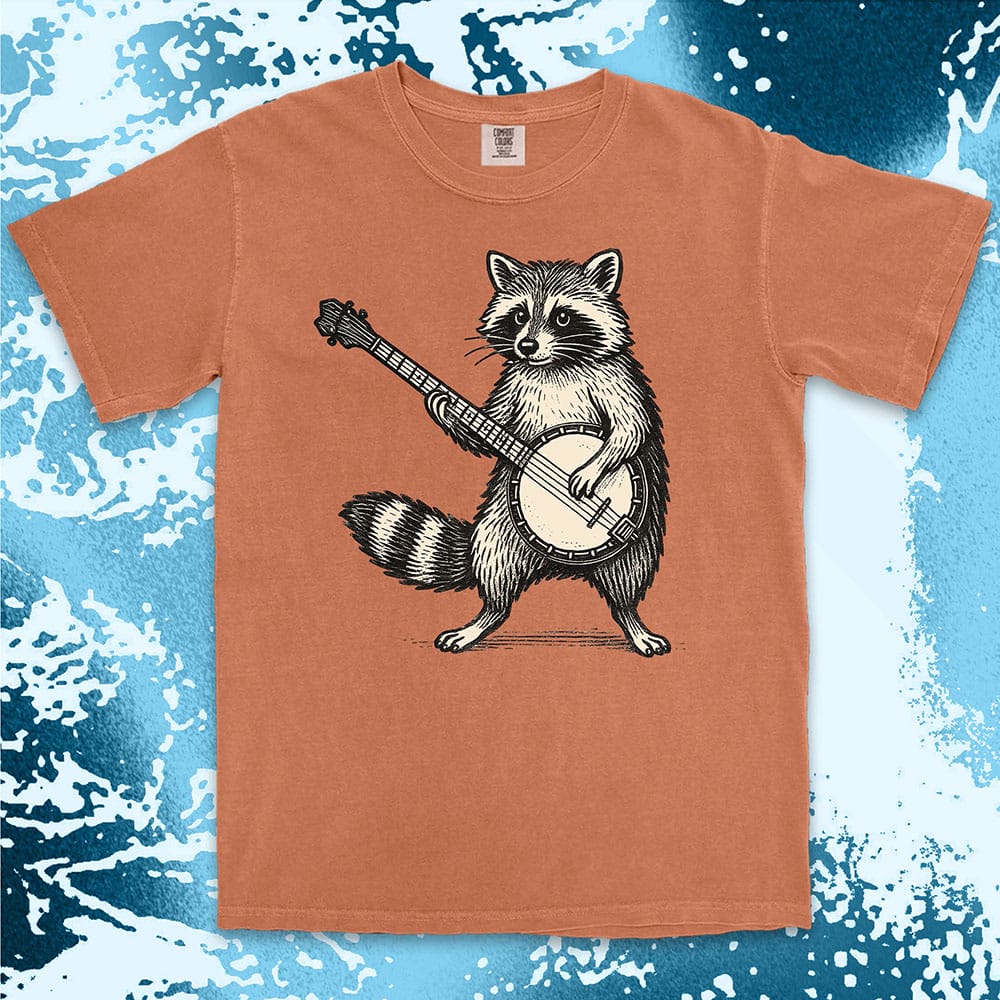 banjo raccoon comfort colors t-shirt playing folk music